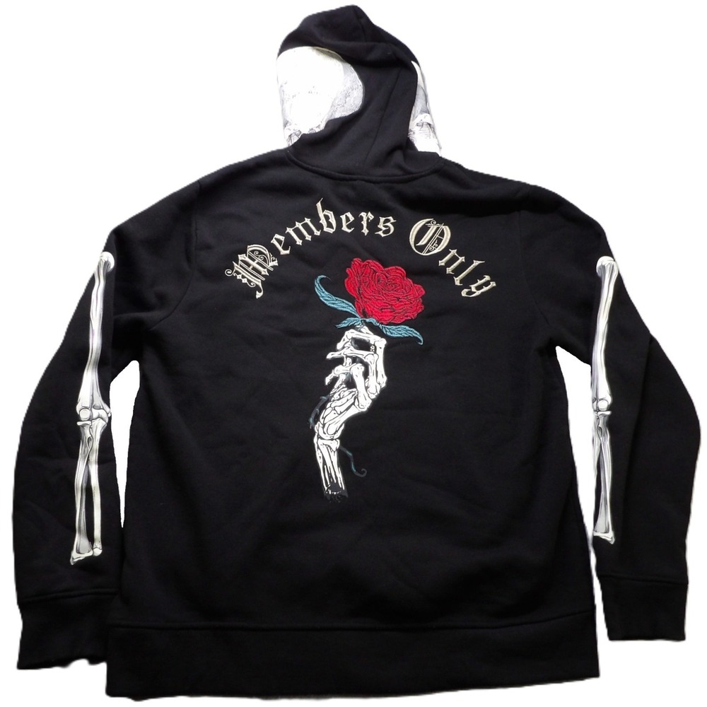 Members Only Men Hoodie Black Skeleton Rose Graphics Full Zip Medium Regular Fit